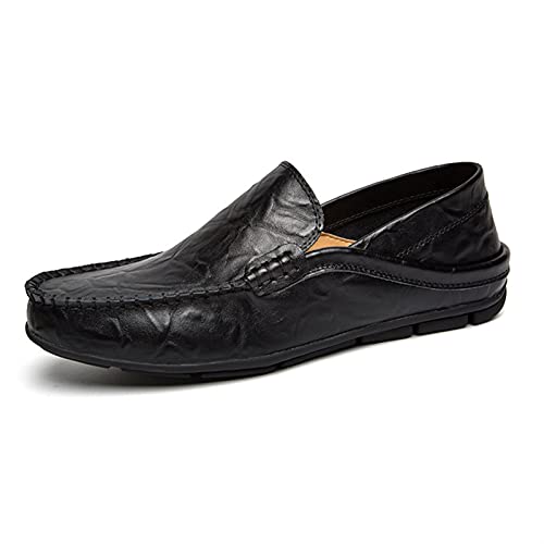 Mens Loafers Genuine Leather Round Toe Stitching Details Lightweight Comfortable Flexible Classic Slip-ons(Black,10 M US) - Main Image