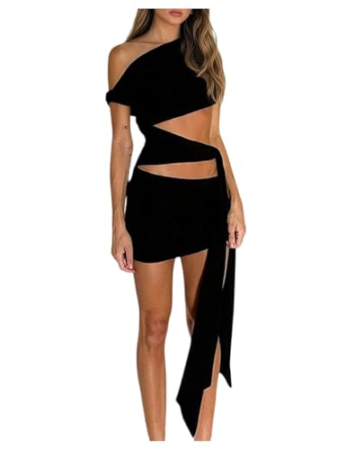 SweatyRocks Women's Cut Out Off The Shoulder Mini Dress Tie Knot Sexy Bodycon Club Party Dresses Black Medium