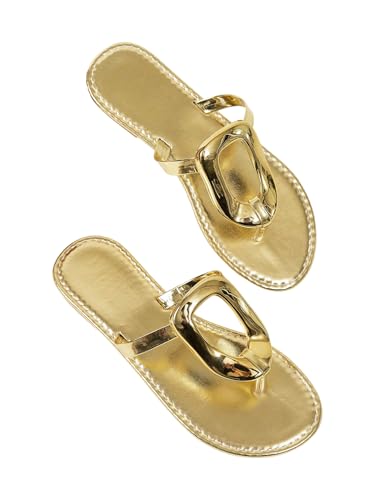 OYOANGLE Womens Metal Ring Flip Flops Metallic Open Toe Comfy Vacation Dressy Slide Sandals Gold 9