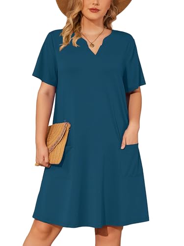 Image of AusLook Plus Size Midi Dress for Women V Neck Short Sleeve Summer Casual Loose Fit Vacation Sundress with Pockets 1X-5X