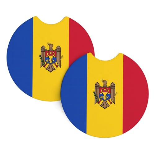 Lot de 2 dessous de verre imprimés drapeau de la Moldavie, tapis décoratifs intégrés, adaptés aux porte-gobelets de voiture