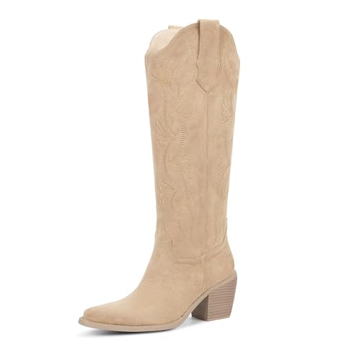 Image of wetkiss Cowboy Boots for Women Knee High, Low Heeled Stable and Comfortable | Knee High Cowgirl Boots,Western Boots with Embroidery,Pull On,Slip On,Non-slip Rubber Sole,Soft and Breathable PU Leather