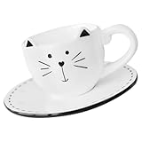 GRIRIW Juego de Taza y Platillo de Cerámica para Café y Té Taza de Cerámica Blanca con Diseño de Gato Capacidad Mediana Adecuado para Hogar Oficina y Cafetería Set Versátil y