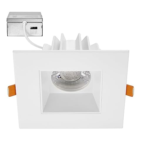 Maxxima 4 in. Ultra-Thin Recessed Anti-Glare LED Downlight Canless IC Rated 1200 Lumens 5 Color Temperature Selectable 2700K/3000K/3500K/4000K/5000K, Dimmable Square White Trim, 90 CRI, J-Box Included Cover