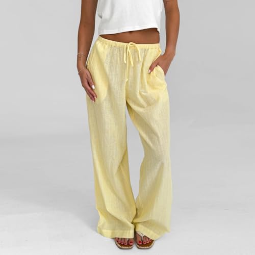 SOLILOQUY Women Spring Summer Wide Leg Pink Pants Micro-Sheer Drawstring Elastic Waist Trousers Lounge Pants2