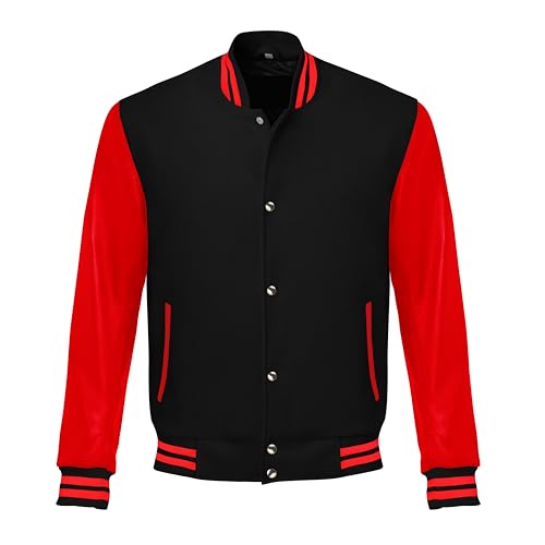 Image of Red And Black Letterman Jacket Men - Mens Black Varsity Letterman High School Baseball Bomber Jacket