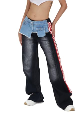 Women Jeans with Patchwork Stripes High Waist Loose Denim Color Block Jean Straight Wide Leg Pants