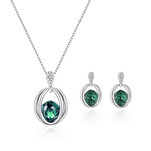 FDEETY Schmuck Schmuckset Damen Kristall Anhänger Halskette und Ohrring Set Brautschmuck Hochzeit Set Hochzeitsschmuck Grün