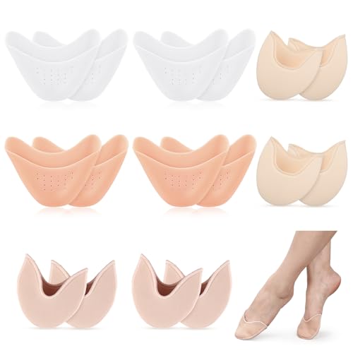 Chicingyou 8 Pairs Ballet Pointe Dance Shoe Toe Covers 4 Pair Sponge Insoles 4 Pair Gel Toe Pads Breathable Forefoot Wrap Pads Half Pad with Curved Design for High Heels Ballet(Skin Tone,Pink,White)