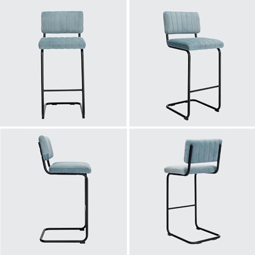 Image of ONEVOG Modern Counter Height Stools with Velvet Backrest, 24Inch Solid Metal Legs Bar Stool Set of 2, Barstools for Kitchen Dining Party, Sturdy Bar Chairs (Blue)