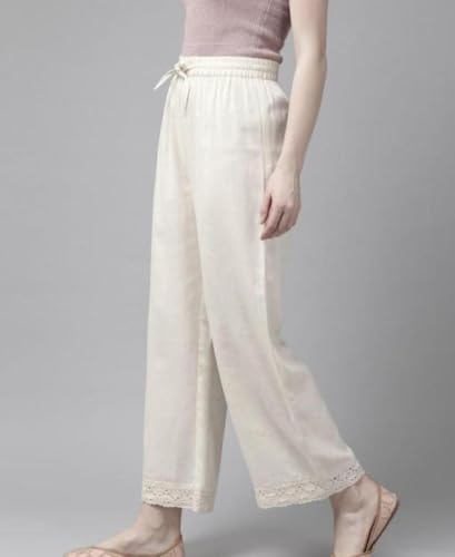 Image of Women's Off-White Khadi Palazzo with Lace Hem, Wide Leg, Elastic Drawstring Waist, Lightweight