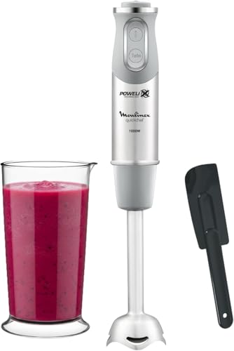 Moulinex Quickchef, Batidora de mano + Espátula, Pie metálico, 1000 W, 10 velocidades, Vaso medidor 800 ml, cuchillas Powelix, Gris DD65ADES
