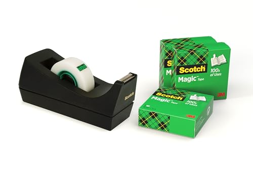 Scotch Desktop Tape Dispenser C38 Black Magic Tape 4 Rolls (19 mm x 33 m) - Refillable Sticky Tape Dispenser For Home And Office