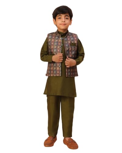 Image of Pro-Ethic Style Developer Kids Kurta Set For Boys With Waist Coat, Ethnic Wear for Diwali, Eid, Raksha Bandhan, Jacquard, Floral Print (Pack of 1)