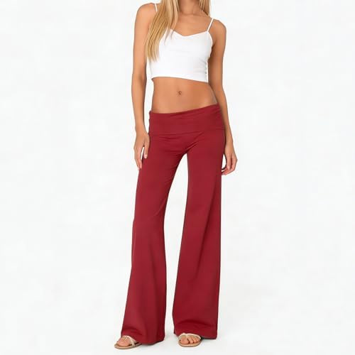 Image of Lounge Yoga Pants for Women Fold Over Low Waist Wide Leg Bell Bottoms | Y2K Foldover Pants, Flare Leggings, Low Rise Yoga Sweatpants