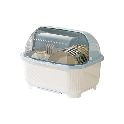XOZIFY 食器立て 水切り 食器収納 ケース キッチン収納 フタ付き 箸立て付き 乾燥ボックス 大容量 水受けトレー 引き出し式 透明 ドレンバスケット 防塵 防虫 水切りカゴ 入れケース (M,ブルー)