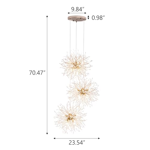 Wellmet Dandelion Chandelier 3 Lights, Firework Chandelier Cluster Pendant Light, Mid Century Modern Ceiling Lighting Gold Crystal Chandelier for Staircase, Dining Room, Hallway, Entryway, Foyer