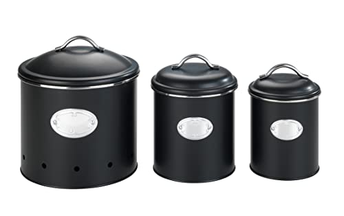 WENKO Aufbewahrungsdose Mod. Nero, 1,6 Liter, Frischhaltedose zur luftdichten Aufbewahrung von Lebensmitteln, wasserdicht, aus lackiertem Metall mit Applikation, Retro-Design, Ø 13 x 18 cm, Schwarz