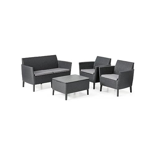 Keter Salemo Lounge Set, Set Mobili da Giardino in Rattan con Divano 2 Posti 2 Poltrone e Tavolino Porta Cuscini, Grafite