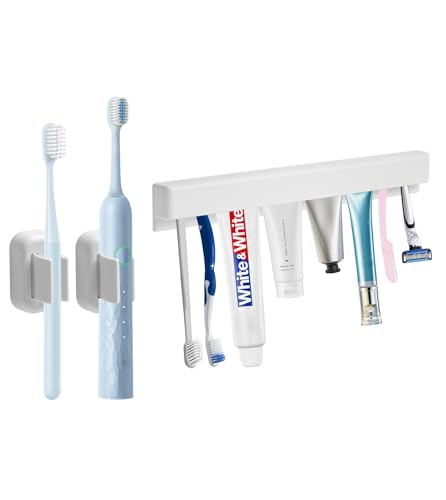 Toothbrush Holders Set Large-Capacity Toothbrush Holder Toothpaste Holder Toothbrush Holders for Bathrooms Bathroom Organizers and Storage with Traceless Fixing Adhesives, White