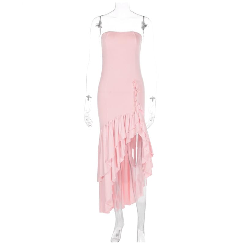Image of Women's Sexy Strapless Backless High Split Long Maxi Dress Ruched Off Shoulder Sleeveless Bodycon Party Cocktail Dresses