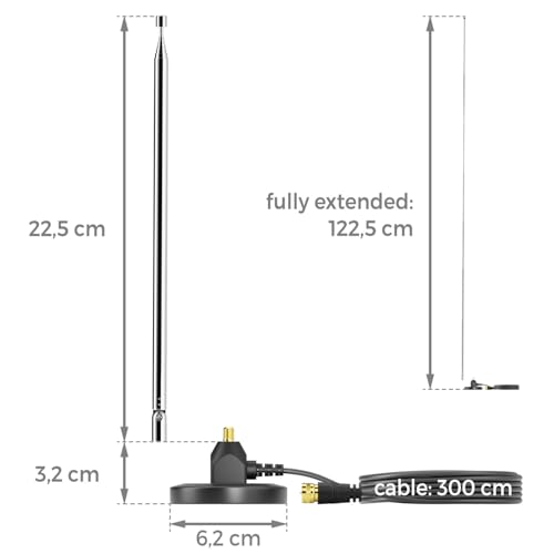 deleyCON Antena Radiowa DAB+ UKW FM do Zestawu Stereo W Zestawie Adapter - Antena Cyfrowa z Podstawą Magnetyczną Kabel 3,0m dla 75 Ohm - do Radia DAB FM Tuner Wzmacniacz Stereo, Amplituner AV, HiFi