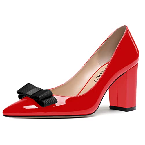 MODENCOCO Women's Bow Slip On Pointed Toe Patent Block High Heel Pumps Evening Party Dress Shoes 3.5 Inch