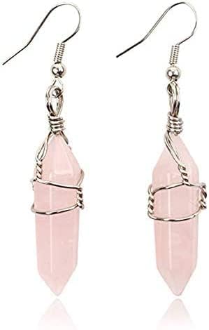 Generic 3 Pair Double Terminated Wire Wrapped Amethyst, Quartz & Rose Quartz Crystal Pt. Earrings Costume