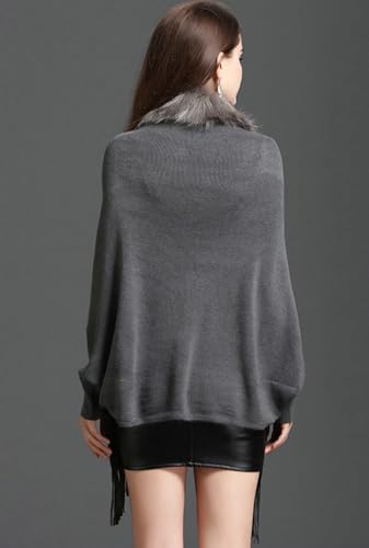 Rungion Women's Warm Knit Fur Collar Fringe Shawl Cardigan Cape Winter Thickened Coat Loose Poncho Wrap with Sleeves4