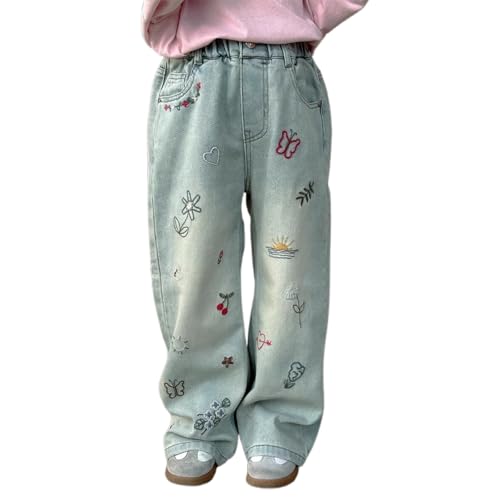 Kid Girl Jeans Graffiti Flower Butterfly Embroidery Denim Pants Straight Leg Elastic Waist Trousers with Pockets