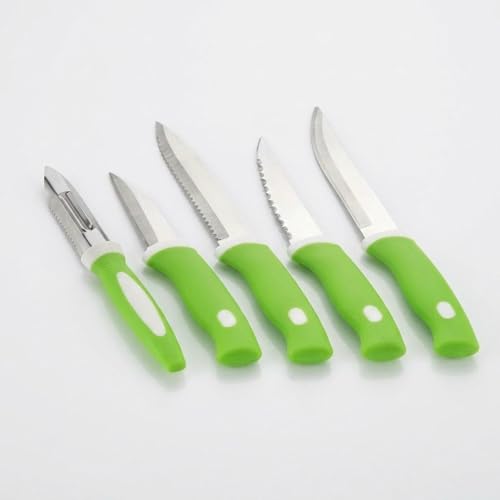 Image of Kitchen Knife Set with Stand, Stainless Steel Blades, Green Handles, Includes Peeler
