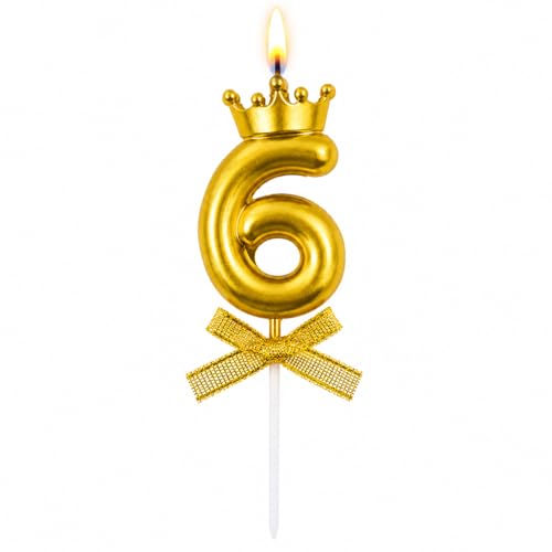 Image of Number 6 Unscented Candle with Crown for Birthday, Wedding, Engagement, Valentines Day Celebration, Theme Party, Bridal Shower Cake Topper for Decoration, 1 pc, Gold