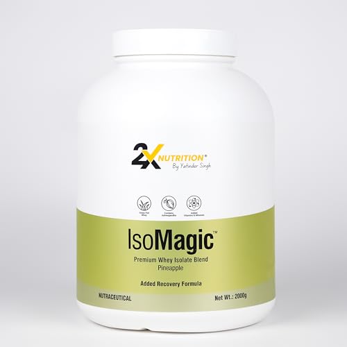 Image of 2X Nutrition Premium Whey Isolate Blend Protein Powder ISOMAGIC with Ashwagandha, 27g Protein, Low Fat & Carbs, for Faster Muscle Growth, Added Free-Form BCAA & L-Glutamine, Pineapple, 2Kg