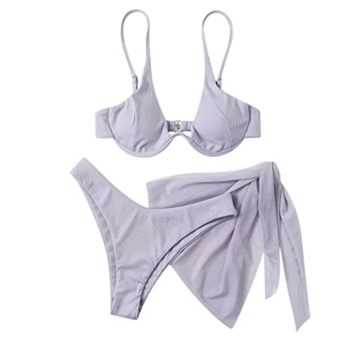 QIYUN.Z Women Sexy Underwire Bikini Mesh Split Swimsuit Three-Piece Set Solid Solor Swimsuit Light Grey XL