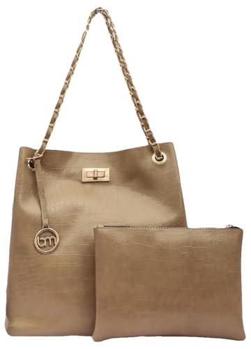 Bagsy Malone Bucket Shaped Tote Bag -Set of 2 | Handcrafted Side Tote Bag for Office and College (Croco Camel)