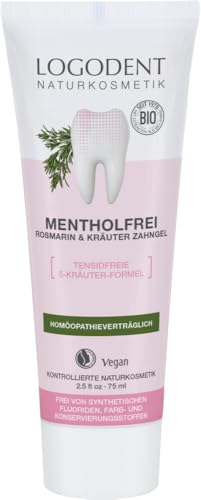 LOGODENT Naturkosmetik MENTHOLFREI Rosmarin Zahngel, 5-Kräuter-Formel wirkt gegen Entzündungen, Pflegt das Zahnfleisch, Frei von synthetischen Fluoridzusätzen, Vegan, 1x75ml