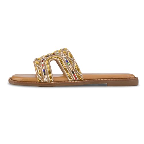 Image of Centrino Women's Beaded Flat Sandals | Stylish Gold Crystal Slip-On with Ornate Cutout Design | Soft Cushioned Footbed |Elegant & Trendy Open Toe Slip-On | Luxury Footwear for Wedding /Party (9301)