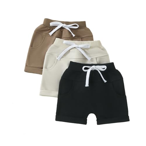 Image of DNOMAID YZARC 3 Pack Toddler Baby Boy Girl Shorts Solid Color Cotton Terry Casual Shorts Elastic Waist Jogger Shorts Pants