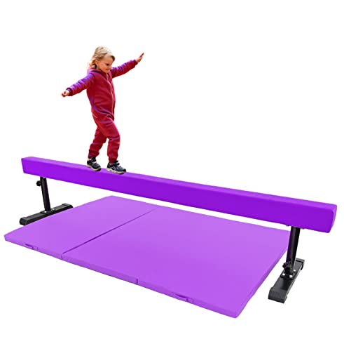 Athletic Bar 8FT Adjustable Acrobatic Tube Beam with 6FT x 4FT Gymnastics Tumble Mat for Kids/Adults, High and Low Level Suede Balance Beam Gymnastics Competition Training Beam Expandable Legs, Purple