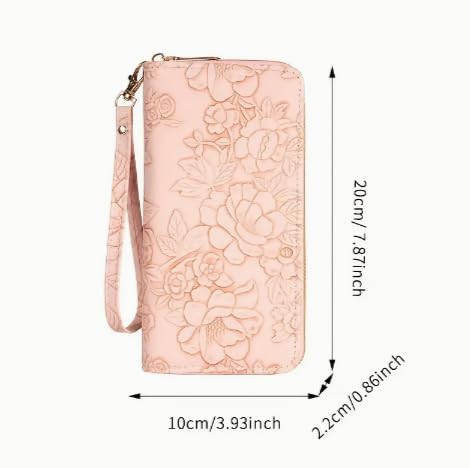 Wallet Women,Elegant Floral Embossed Synthetic Leather Wallet,Large Capacity Zippered Clutch with Card Slots,Wrist Strap3