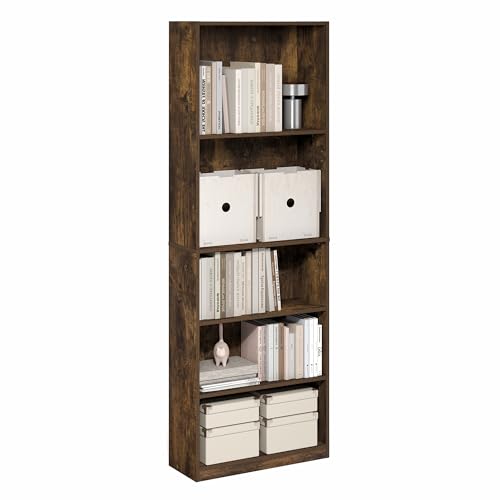 Image of Furinno Jaya Book Shelf, 5-Tier Tall Book Shelf, Bookcase with Open Shelving, Standing Bookshelf, 9.5 x 24.6 x 71.1, for Organization and Storage, for Home Office, Living Room, Amber Pine