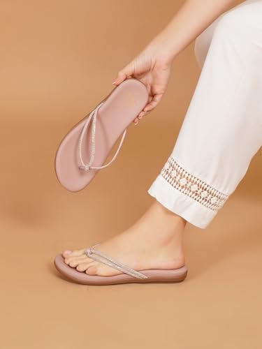 Image of JM LOOKS Elegant Embellished Shimmer Strap Flip Flops Comfortable Lightweight Daily Wear Flat Sandals For Women