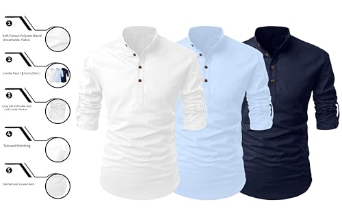 Image of FINIVO FASHION Combo of Men's Cotton Blend Solid Regular Fit Full Sleeve Straight Short Kurta Shirt, Casual and Formal Wear