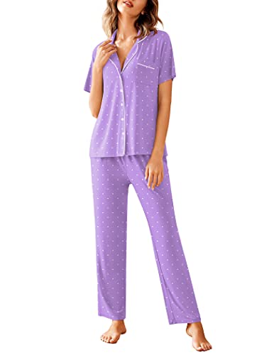 Image of Avidlove Women Pajamas Set Notch Collar Soft Sleepwear Pjs Short Sleeve Button Down Nightwear with Long Pants