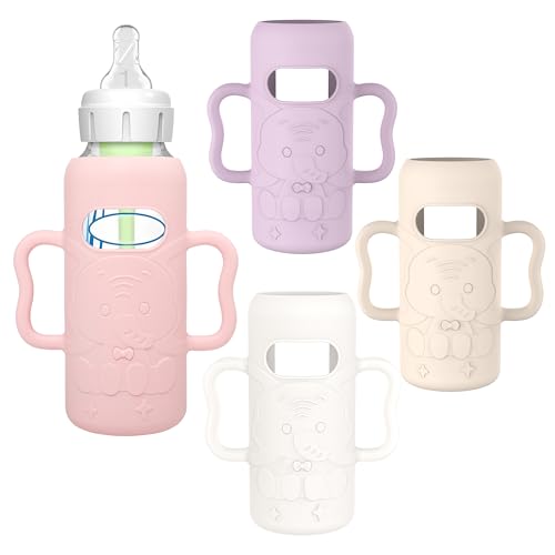 Image of KingKam 4 Pack Silicone Sleeves for Dr. Brown's Glass Baby Bottles, Drop Protection Bottle Sleeves with Handles, Compatible with Dr. Brown's Anti-Colic Options+ Narrow Glass Baby Bottles, 8 oz/250 mL