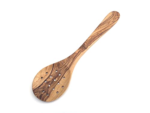 Écumoire - Longueur au choix - Cuillère à tamiser - Avec trous - Extra large - Fabriquée à la main en bois d'olivier (moyenne : 35 cm)