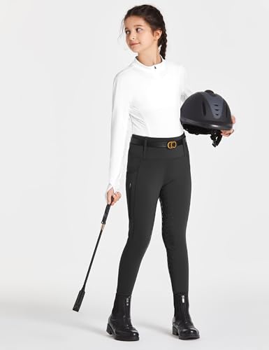 Fitst4 Sports Girls Full Seat Riding Tights High Waist Kids Equestrian Breeches Horse Schooling Pants Zipper Pockets Black Size M thumb #2