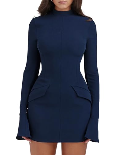 Image of YMDUCH Women's Long Sleeve Mock Neck Bodycon Mini Party Dress | Stretch,Flare Sleeve,Formal,Back Zipper,Elegant,Comfy,Casual,Fitted,Solid,Party,Date Night,Club,Birthday,Fall,Spring,Short