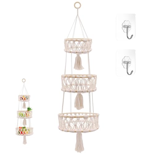 MDPUTY 3 Stöckig Obstkorb Etagere Hängend Hängekorb Obst Weiß Baumwollseil Hängender Obstkorb Küche Makramee Hängekorb Obst für Wohnzimmer Badezimmer Schlafzimmer (110cm)