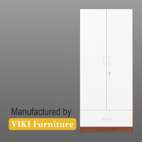 Image of VIKI Wardrobe |Wooden Almirah for 2 Door Wardrobe with 1 Drawer & Hanging Space (Walnut |White - 40D x 80W x 180.8H) | 1 Year Warranty | Free Assembly